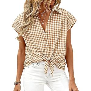 image:imageCHARTOU Women Plaid Summer Top Lapel Cap Short Sleeve Button Down Shirt Dressy Casual Work BlousesKhaki