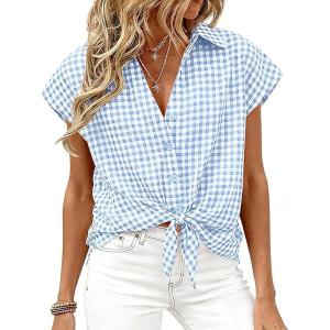 image:imageCHARTOU Women Plaid Summer Top Lapel Cap Short Sleeve Button Down Shirt Dressy Casual Work BlousesLight Blue