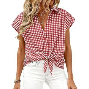 image:imageCHARTOU Women Plaid Summer Top Lapel Cap Short Sleeve Button Down Shirt Dressy Casual Work BlousesRed
