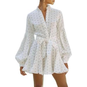 image:imageCHARTOU Women Polka Dot Shirt Mini Dress Puff Sleeve Button Bow Tie High Waist A Line Dress with BeltWhite