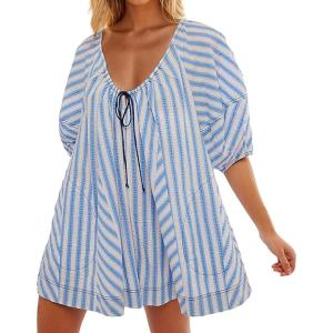 image:imageCHARTOU Women Puff Short Sleeve T Shirt Romper Striped Shirt Dress Jumper Loose Babydoll Summer Flowy Mini RomperBlue