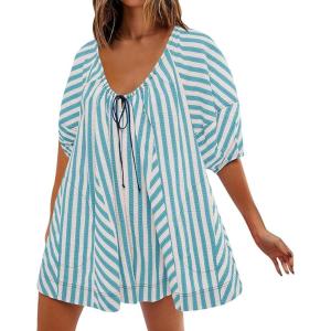 image:imageCHARTOU Women Puff Short Sleeve T Shirt Romper Striped Shirt Dress Jumper Loose Babydoll Summer Flowy Mini RomperBlue B