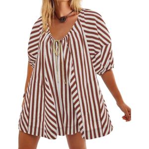 image:imageCHARTOU Women Puff Short Sleeve T Shirt Romper Striped Shirt Dress Jumper Loose Babydoll Summer Flowy Mini RomperCoffee