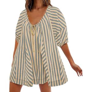 image:imageCHARTOU Women Puff Short Sleeve T Shirt Romper Striped Shirt Dress Jumper Loose Babydoll Summer Flowy Mini RomperDark Apricot