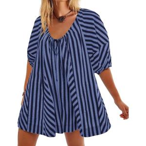 image:imageCHARTOU Women Puff Short Sleeve T Shirt Romper Striped Shirt Dress Jumper Loose Babydoll Summer Flowy Mini RomperDark Blue