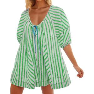 image:imageCHARTOU Women Puff Short Sleeve T Shirt Romper Striped Shirt Dress Jumper Loose Babydoll Summer Flowy Mini RomperGreen