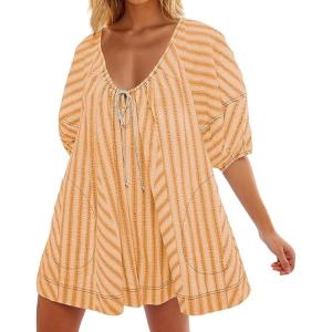 image:imageCHARTOU Women Puff Short Sleeve T Shirt Romper Striped Shirt Dress Jumper Loose Babydoll Summer Flowy Mini RomperKhaki