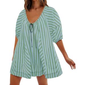 image:imageCHARTOU Women Puff Short Sleeve T Shirt Romper Striped Shirt Dress Jumper Loose Babydoll Summer Flowy Mini RomperLight Green