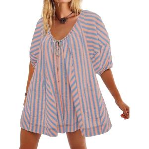image:imageCHARTOU Women Puff Short Sleeve T Shirt Romper Striped Shirt Dress Jumper Loose Babydoll Summer Flowy Mini RomperLight Pink