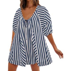 image:imageCHARTOU Women Puff Short Sleeve T Shirt Romper Striped Shirt Dress Jumper Loose Babydoll Summer Flowy Mini RomperNavy Blue