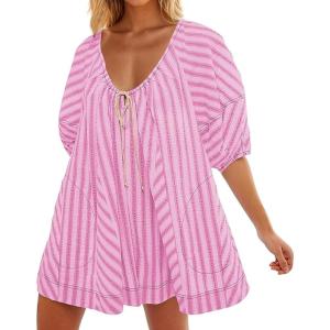 image:imageCHARTOU Women Puff Short Sleeve T Shirt Romper Striped Shirt Dress Jumper Loose Babydoll Summer Flowy Mini RomperPink