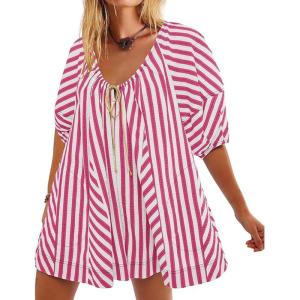 image:imageCHARTOU Women Puff Short Sleeve T Shirt Romper Striped Shirt Dress Jumper Loose Babydoll Summer Flowy Mini RomperRed