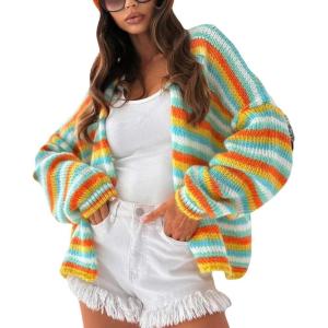 image:imageCHARTOU Women Rainbow Stripes Knit Cardigan Sweater Oversized Open Front Long Sleeve Sweater CoatBlue
