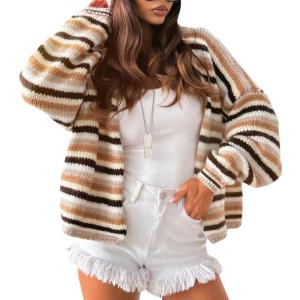 image:imageCHARTOU Women Rainbow Stripes Knit Cardigan Sweater Oversized Open Front Long Sleeve Sweater CoatCoffee