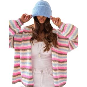 image:imageCHARTOU Women Rainbow Stripes Knit Cardigan Sweater Oversized Open Front Long Sleeve Sweater CoatPink