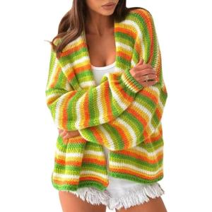 image:imageCHARTOU Women Rainbow Stripes Knit Cardigan Sweater Oversized Open Front Long Sleeve Sweater CoatYellow