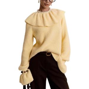 image:imageCHARTOU Women Ruffle Peplum Fuzzy Pullover Sweater Fall Casual Crewneck Long Sleeve Knit Jumper TopsYellow