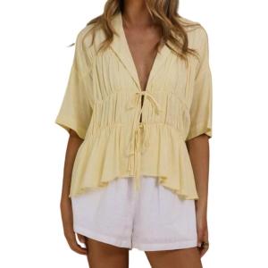 image:imageCHARTOU Women Ruffle Peplum Summer Tops V Neck Tie Front Short Sleeve T Shirts Casual BlousesYellow
