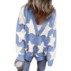 image:imageCHARTOU Women Sherpa Star Open Front Cardigan Sweaters Fall Winter Jumper Cute Top Button Down Knit CoatBlue