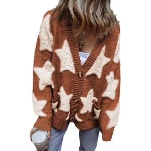 image:imageCHARTOU Women Sherpa Star Open Front Cardigan Sweaters Fall Winter Jumper Cute Top Button Down Knit CoatCoffee