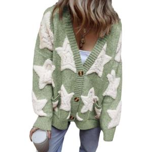 image:imageCHARTOU Women Sherpa Star Open Front Cardigan Sweaters Fall Winter Jumper Cute Top Button Down Knit CoatGreen
