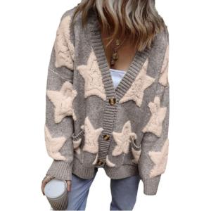 image:imageCHARTOU Women Sherpa Star Open Front Cardigan Sweaters Fall Winter Jumper Cute Top Button Down Knit CoatGrey