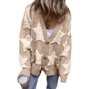 image:imageCHARTOU Women Sherpa Star Open Front Cardigan Sweaters Fall Winter Jumper Cute Top Button Down Knit CoatKhaki