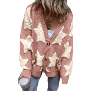 image:imageCHARTOU Women Sherpa Star Open Front Cardigan Sweaters Fall Winter Jumper Cute Top Button Down Knit CoatPink