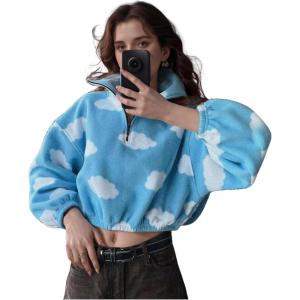 image:imageCHARTOU Women Stand Collar Front Zippered Pullover Sweatshirt Crop Heart Print Loose Fleece Hoodie Top CuteBlue