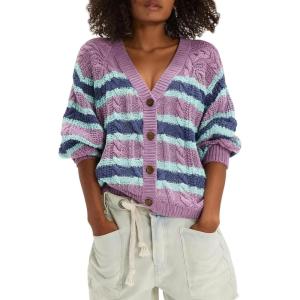 image:imageCHARTOU Women Stripe Chunky Cardigan Sweaters Fall Trendy Color Block Long Sleeve Knit Sweater CoatsPurple