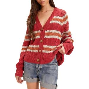 image:imageCHARTOU Women Stripe Chunky Cardigan Sweaters Fall Trendy Color Block Long Sleeve Knit Sweater CoatsRed
