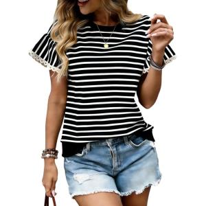 image:imageCHARTOU Women Striped Summer Top Eyelet Lace Ruffle Short Sleeve Crewneck Pullover T Shirts Dressy CasualBlack