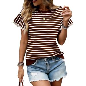 image:imageCHARTOU Women Striped Summer Top Eyelet Lace Ruffle Short Sleeve Crewneck Pullover T Shirts Dressy CasualCoffee