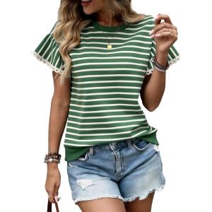 image:imageCHARTOU Women Striped Summer Top Eyelet Lace Ruffle Short Sleeve Crewneck Pullover T Shirts Dressy CasualGreen
