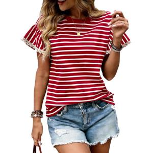 image:imageCHARTOU Women Striped Summer Top Eyelet Lace Ruffle Short Sleeve Crewneck Pullover T Shirts Dressy CasualRed