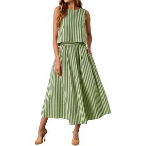 image:imageCHARTOU Women Striped Two Pieces Skirt Sets Summer Sleeveless Tank Top Elastic Waist Maxi Skirt Matching Lounge SetsArmy Green