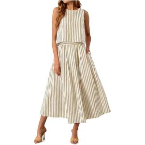 image:imageCHARTOU Women Striped Two Pieces Skirt Sets Summer Sleeveless Tank Top Elastic Waist Maxi Skirt Matching Lounge SetsKhaki