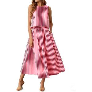 image:imageCHARTOU Women Striped Two Pieces Skirt Sets Summer Sleeveless Tank Top Elastic Waist Maxi Skirt Matching Lounge SetsRed