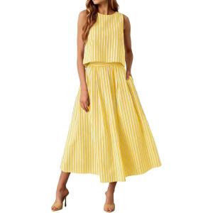 image:imageCHARTOU Women Striped Two Pieces Skirt Sets Summer Sleeveless Tank Top Elastic Waist Maxi Skirt Matching Lounge SetsYellow
