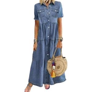 image:imageCHARTOU Women Summer Layer Denim Maxi Dress Short Sleeve Button Down Patchwork Shirt Dress with PocketBlue