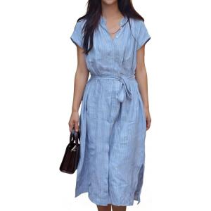 image:imageCHARTOU Women Summer Striped Midi Sundress Button Down Shirt Dress with Belt Travel Vacation OutfitsBlue