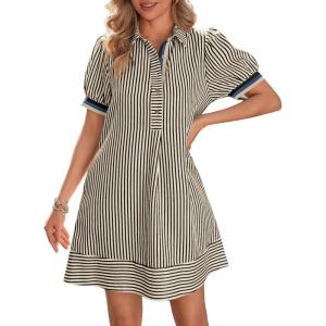 image:imageCHARTOU Women Summer Striped Shirt Dress Lapel Puff Short Sleeve Half Button A Line Dress with PocketsBlack