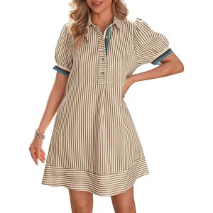 image:imageCHARTOU Women Summer Striped Shirt Dress Lapel Puff Short Sleeve Half Button A Line Dress with PocketsKhaki