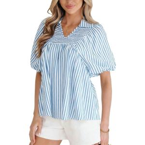 image:imageCHARTOU Women Summer Striped Shirt Top Lapel V Neck Smocked Puff Short Sleeve Babydoll BlousesBlue