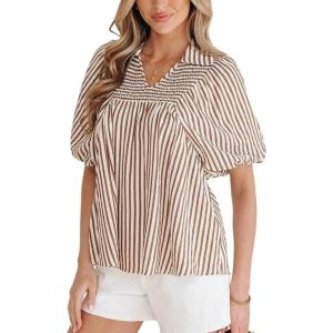 image:imageCHARTOU Women Summer Striped Shirt Top Lapel V Neck Smocked Puff Short Sleeve Babydoll BlousesBrown