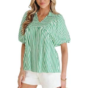 image:imageCHARTOU Women Summer Striped Shirt Top Lapel V Neck Smocked Puff Short Sleeve Babydoll BlousesGreen