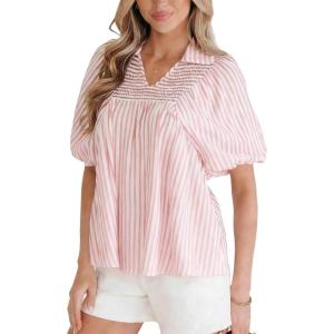 image:imageCHARTOU Women Summer Striped Shirt Top Lapel V Neck Smocked Puff Short Sleeve Babydoll BlousesPink