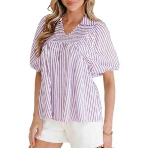 image:imageCHARTOU Women Summer Striped Shirt Top Lapel V Neck Smocked Puff Short Sleeve Babydoll BlousesPurple