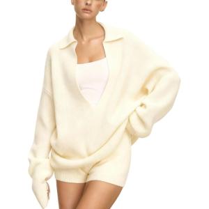 image:imageCHARTOU Women Sweater Shorts 2 Pieces Outfits Fall Oversized Deep V Neck Lapel Pullover Knit Shorts Lounge SetBeige