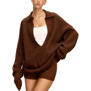 image:imageCHARTOU Women Sweater Shorts 2 Pieces Outfits Fall Oversized Deep V Neck Lapel Pullover Knit Shorts Lounge SetCoffee